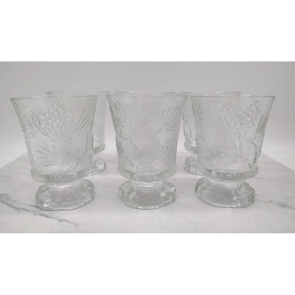 Tiara Vintage Indiana Glass Ponderosa Pine Cone Tree Footed Goblets Set Of 6